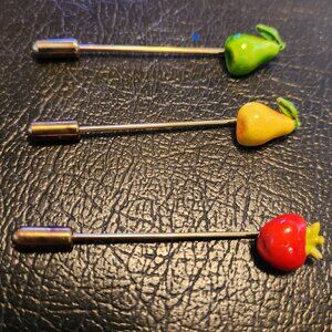 3 Vintage Hat/Lapel pins apple pear 50s/60s